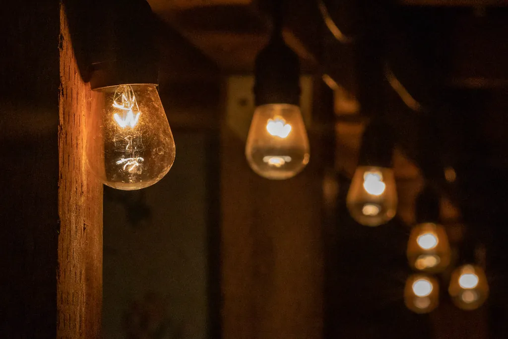 Close-up of warm backyard string light bulbs